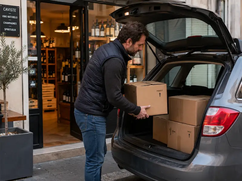 Un caviste charge des cartons de commande dans le coffre de sa voiture, devant sa boutique