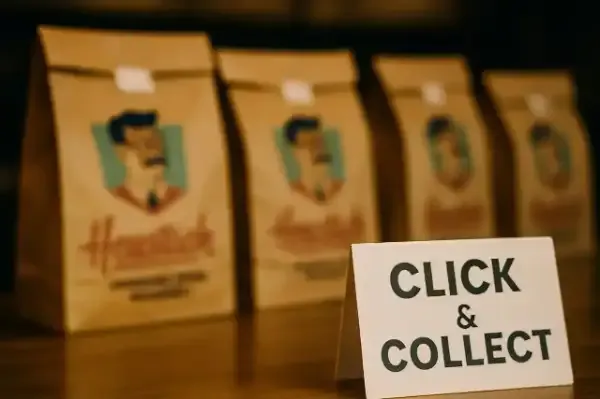Quatre sacs de commande siglés Heustach alignés sur un comptoir, devant un chevalet « Click & Collect »